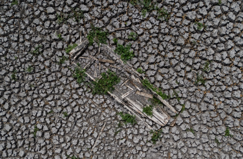 Una imagen tomada con un dron muestra los restos de una embarcación hundida en el lodo seco en una zona del lago Velence (Hungría), afectado por la sequía. 